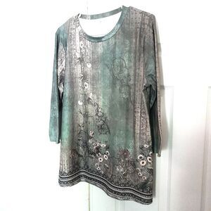 Women Floral Pullover Long Sleeve, Round Neck, Size Large, Color Green